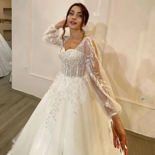 Elegant Lace Appliques Square Neck Floor-Length Wedding Dress with Fluffy Long Sleeves for Women